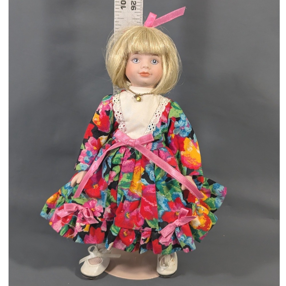Vintage 9.5 Inch Porcelain Doll Blonde Hair Floral Dress Pink Bow with Stand